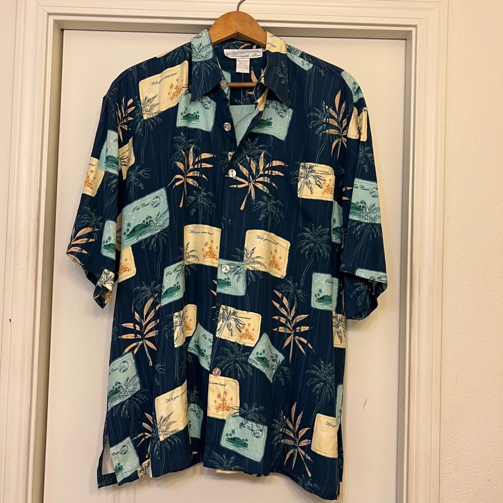 Pineapple Moon Men's Aloha Shirt L 100% Silk Teal Postcard Palm Print NWT - Picture 3 of 8